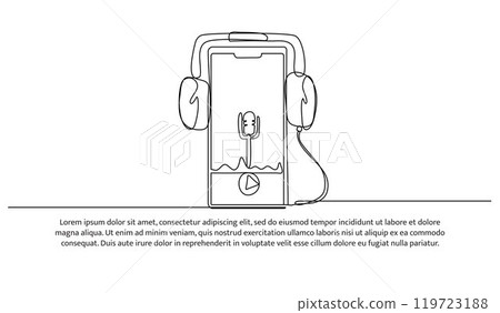 Continuous one line design of headset and microphone for podcast. Minimalist style vector illustration on white background. Continuous one line design of headset and microphone for podcast. Minimalist style vector illustration on white background. 119723188