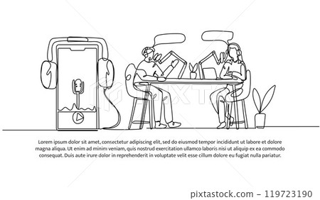 Continuous one line design of a young man and woman podcast. Minimalist style vector illustration on white background. Continuous one line design of a young man and woman podcast. Minimalist style vector illustration on white background. 119723190