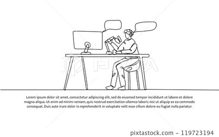 Continuous one line design of a young man is doing a podcast. Minimalist style vector illustration on white background. Continuous one line design of a young man is doing a podcast. Minimalist style vector illustration on white background. 119723194