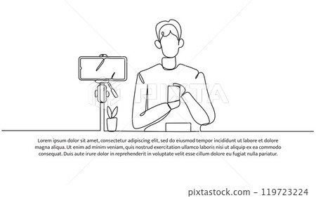 Continuous line design of a male blogger is reviewing a product. Single line decorative element drawn on white background. 119723224
