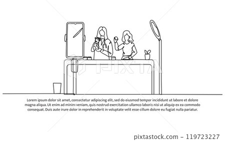 Continuous line design of two doctor woman review a cosmetic product. Single line decorative element drawn on white background. 119723227