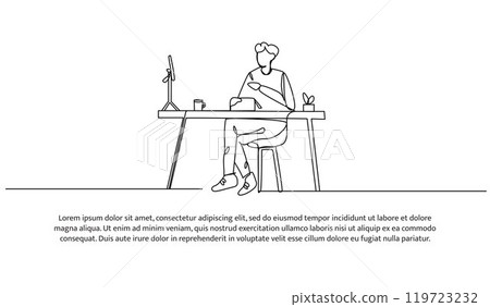 Continuous line design of a male blogger is reviewing a product. Single line decorative element drawn on white background. Continuous line design of a male blogger is reviewing a product. Single line decorative element drawn on white background. 119723232