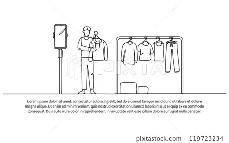 Continuous line design of a man is review a product fashion. Single line decorative element drawn on white background. 119723234
