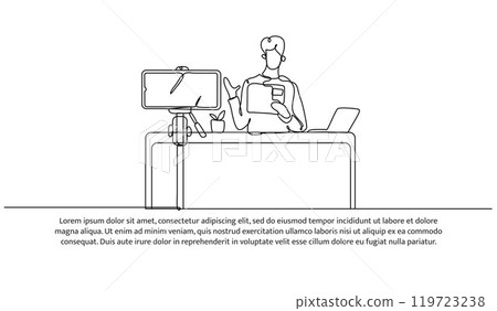 Continuous line design of a man is review a laptop electronics. Single line decorative element drawn on white background. 119723238