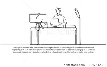 Continuous line design of a man is review a laptop electronics. Single line decorative element drawn on white background. 119723239