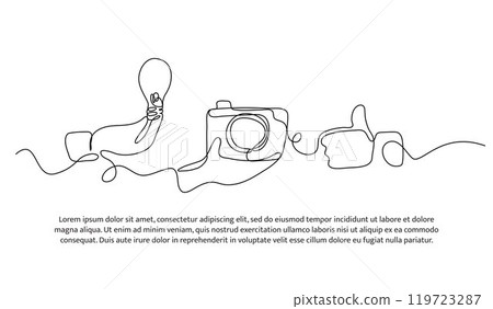 Continuous one line design of photography line ideas and hobbies. Minimalist style vector illustration on white background. 119723287