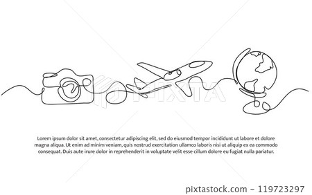 Continuous one line design of travel photos around the world. Minimalist style vector illustration on white background. Continuous one line design of travel photos around the world. Minimalist style vector illustration on white background. 119723297