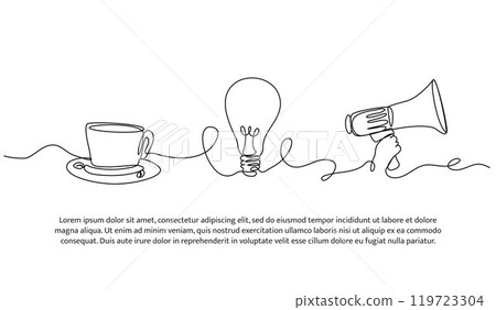 Continuous one line design of voice brilliant ideas. Minimalist style vector illustration on white background. Continuous one line design of voice brilliant ideas. Minimalist style vector illustration on white background. 119723304