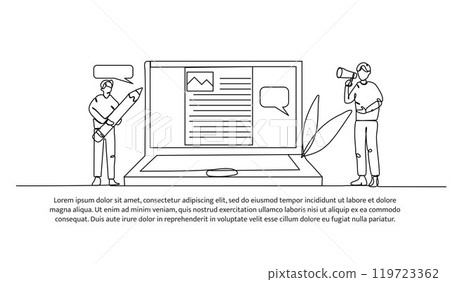 Continuous one line design of social media information. Minimalist style vector illustration on white background. Continuous one line design of social media information. Minimalist style vector illustration on white background. 119723362