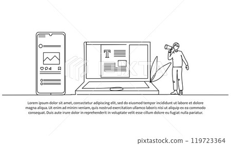 Continuous one line design of social media information. Minimalist style vector illustration on white background. Continuous one line design of social media information. Minimalist style vector illustration on white background. 119723364