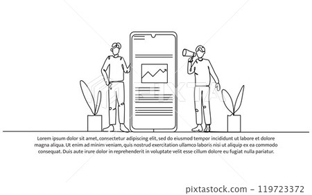 Continuous one line design of two men are doing a promotion. Minimalist style vector illustration on white background. Continuous one line design of two men are doing a promotion. Minimalist style vector illustration on white background. 119723372