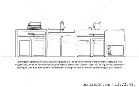 Continuous one line design of kitchen interior. Minimalist style vector illustration on white background. Continuous one line design of kitchen interior. Minimalist style vector illustration on white background. 119723435