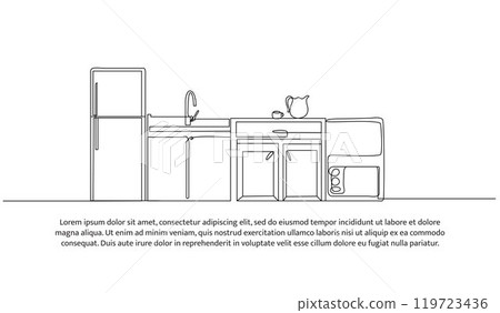 Continuous one line design of kitchen interior. Minimalist style vector illustration on white background. Continuous one line design of kitchen interior. Minimalist style vector illustration on white background. 119723436