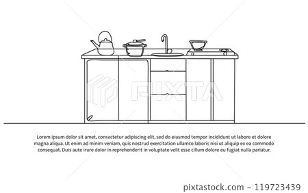 Continuous one line design of kitchen interior. Minimalist style vector illustration on white background. 119723439