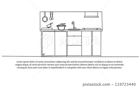 Continuous one line design of kitchen interior. Minimalist style vector illustration on white background. 119723440