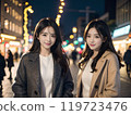 A woman window shopping with friends in a busy street at night 119723476