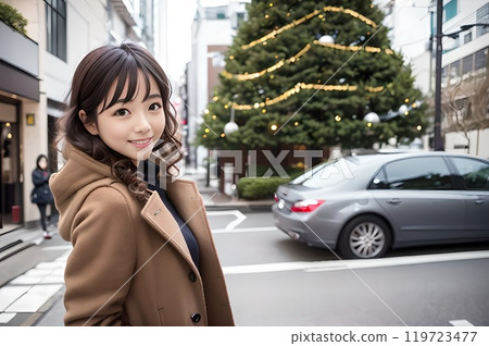 A woman stops her car to take a commemorative photo in front of a Christmas tree A woman stops her car to take a commemorative photo in front of a Christmas tree 119723477