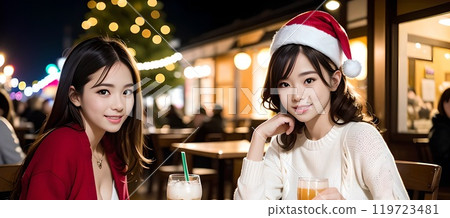 A female couple having a cafe date on Christmas A female couple having a cafe date on Christmas 119723481