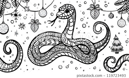 Cute snake and christmas baubles. Coloring page. Extremely simple pencil line drawing Cute snake and christmas baubles. Coloring page. Extremely simple pencil line drawing 119723493