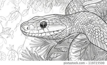Snake close up. Coloring page. Extremely simple pencil line drawing Snake close up. Coloring page. Extremely simple pencil line drawing 119723500