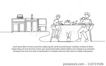 Continuous line design of eating with brother. Single line decorative element drawn on white. Continuous line design of eating with brother. Single line decorative element drawn on white. 119723506