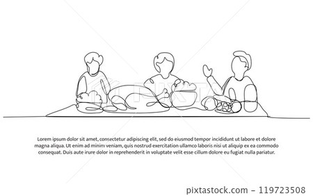 Continuous line design of eating together. Single line decorative element drawn on white. Continuous line design of eating together. Single line decorative element drawn on white. 119723508