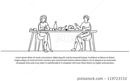 Continuous line design of a man and woman are having dinner. Single line decorative element drawn on white. Continuous line design of a man and woman are having dinner. Single line decorative element drawn on white. 119723510