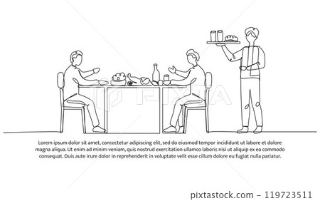 Continuous line design of eating together. Single line decorative element drawn on white. Continuous line design of eating together. Single line decorative element drawn on white. 119723511