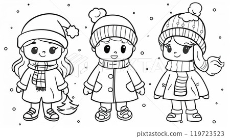Happy children in winter clothes. Coloring page for kids. Christmas theme. Black and white illustration Happy children in winter clothes. Coloring page for kids. Christmas theme. Black and white illustration 119723523
