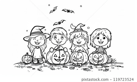 Happy children near the Halloween pumpkins. Coloring book page for kids. Black and white illustration 119723524