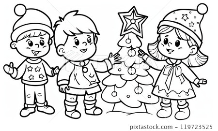 Happy children in winter clothes near the Christmas tree. Christmas theme. Coloring book page for kids. Black and white Happy children in winter clothes near the Christmas tree. Christmas theme. Coloring book page for kids. Black and white 119723525