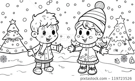 Happy children in winter clothes near the Christmas trees. Coloring page for kids. Christmas theme 119723526