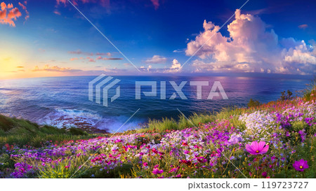 Illustration of a landscape seen from a flower garden along the coast Illustration of a landscape seen from a flower garden along the coast 119723727