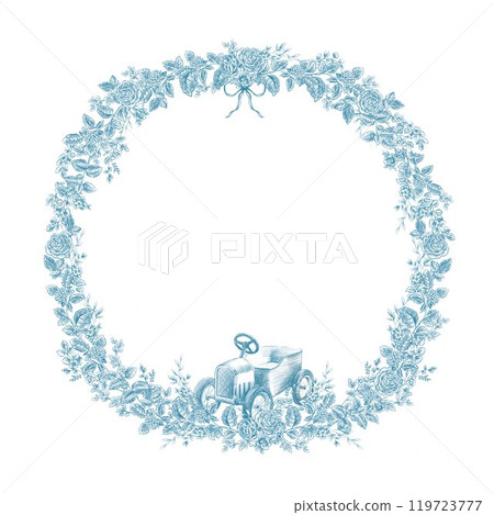 Beautiful floral frame clipart in toile de jouy line art style with retro baby car. Hand drawn flower composition illustration. Vintage retro floral wreath. 119723777