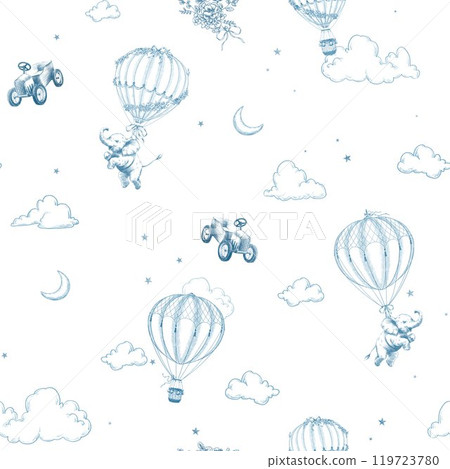 Seamless pattern with cute baby elephant flying in a hot air balloon and retro baby car in toile de jouy style. Vintage line art background. 119723780