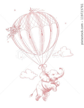Cute baby elephant flying in a hot air balloon hand drawn illustration in toile de jouy retro style. Vintage line art clipart. Girl version. 119723781