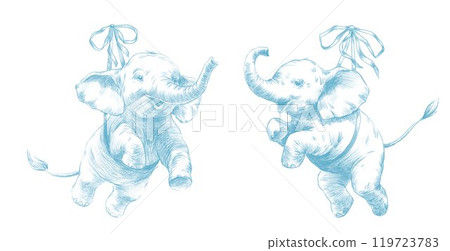 Cute baby elephant hand drawn illustration in toile de jouy retro style. Vintage line art clipart. Boy version. 119723783