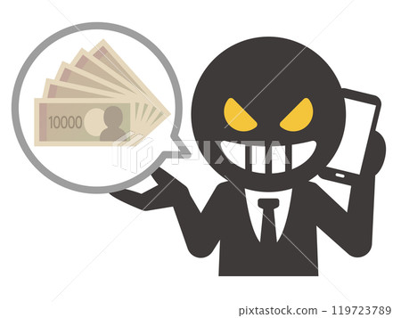 Illustration of a villain talking about money on a smartphone Illustration of a villain talking about money on a smartphone 119723789