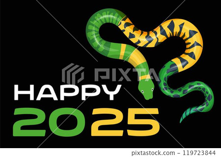 green and yellow snake new year. Happy holidays. Chinese zodiac snake in flat modern style. Art design celebrate party banner template. Decorate numbers colorful. green and yellow snake new year. Happy holidays. Chinese zodiac snake in flat modern style. Art design celebrate party banner template. Decorate numbers colorful. 119723844