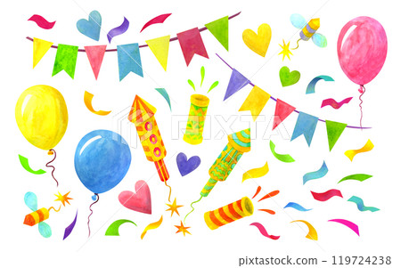 Set of isolated hand drawn watercolor holiday elements. Includes flag garlands, confetti, balloons, firecrackers, petards, hearts for children birthday or festive party printings and designs Set of isolated hand drawn watercolor holiday elements. Includes flag garlands, confetti, balloons, firecrackers, petards, hearts for children birthday or festive party printings and designs 119724238