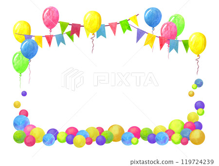 Horizontal festive frame of balloons, flag garlands and multi-colored balls. Celebration concept. Watercolor border template with empty place for text. Hand drawn sample for holiday design or printing Horizontal festive frame of balloons, flag garlands and multi-colored balls. Celebration concept. Watercolor border template with empty place for text. Hand drawn sample for holiday design or printing 119724239