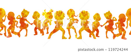 Seamless border or frame with silhouettes of school age children celebrating something, dancing in kids party. Isolated endless illustration for children dancing party design, prints and decorations 119724244