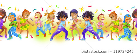 Multinational boys and girls dancing merrily and having fun in kid party. Watercolor seamless border. Isolated illustration for children dancing party design, cards, invitations, posters, decorations 119724245