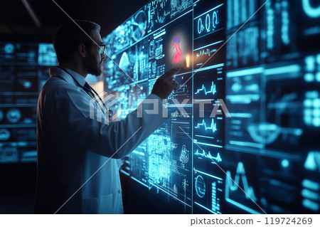 Futuristic medical scene with doctor operating digital diagnostic board 119724269