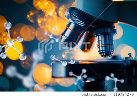 Scientific image of molecules and microscope 119724270