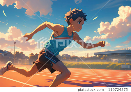 日落時在跑道上奔跑的年輕運動員 119724275