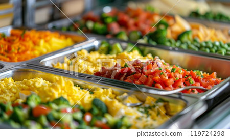 A station for madetoorder omelets and eggs with toppings including cheese veggies and bacon bits 119724298
