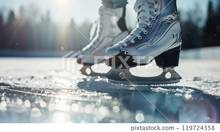 The shiny silver blades of ice skates essential for gliding effortlessly on the ice 119724358