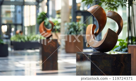 Modern sculptures sit atop sleek pedestals adding an artistic touch to the atrium Modern sculptures sit atop sleek pedestals adding an artistic touch to the atrium 119724371