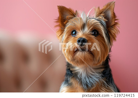 Yorkshire terrier dog with a black and brown coat is looking at the camera Yorkshire terrier dog with a black and brown coat is looking at the camera 119724415